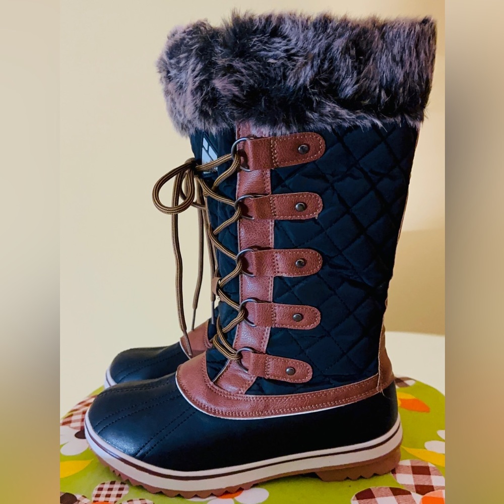 Women's Black and Brown Winter Boots; Waterproof & Slip Resistant